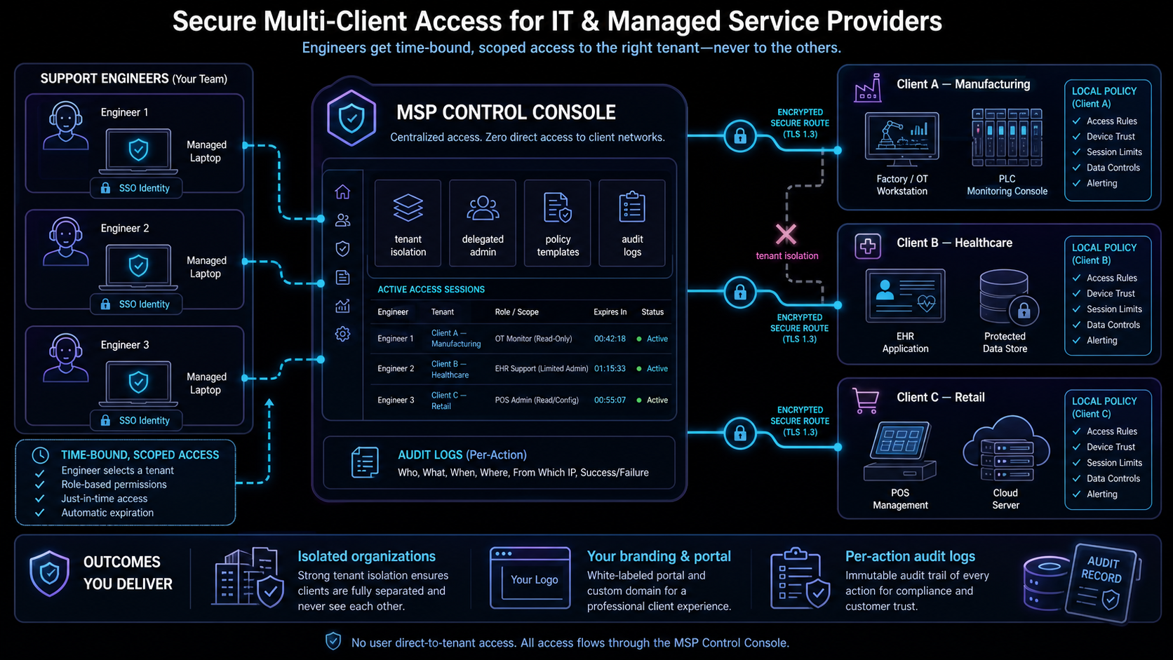 Secure multi-client access architecture for IT and managed service providers